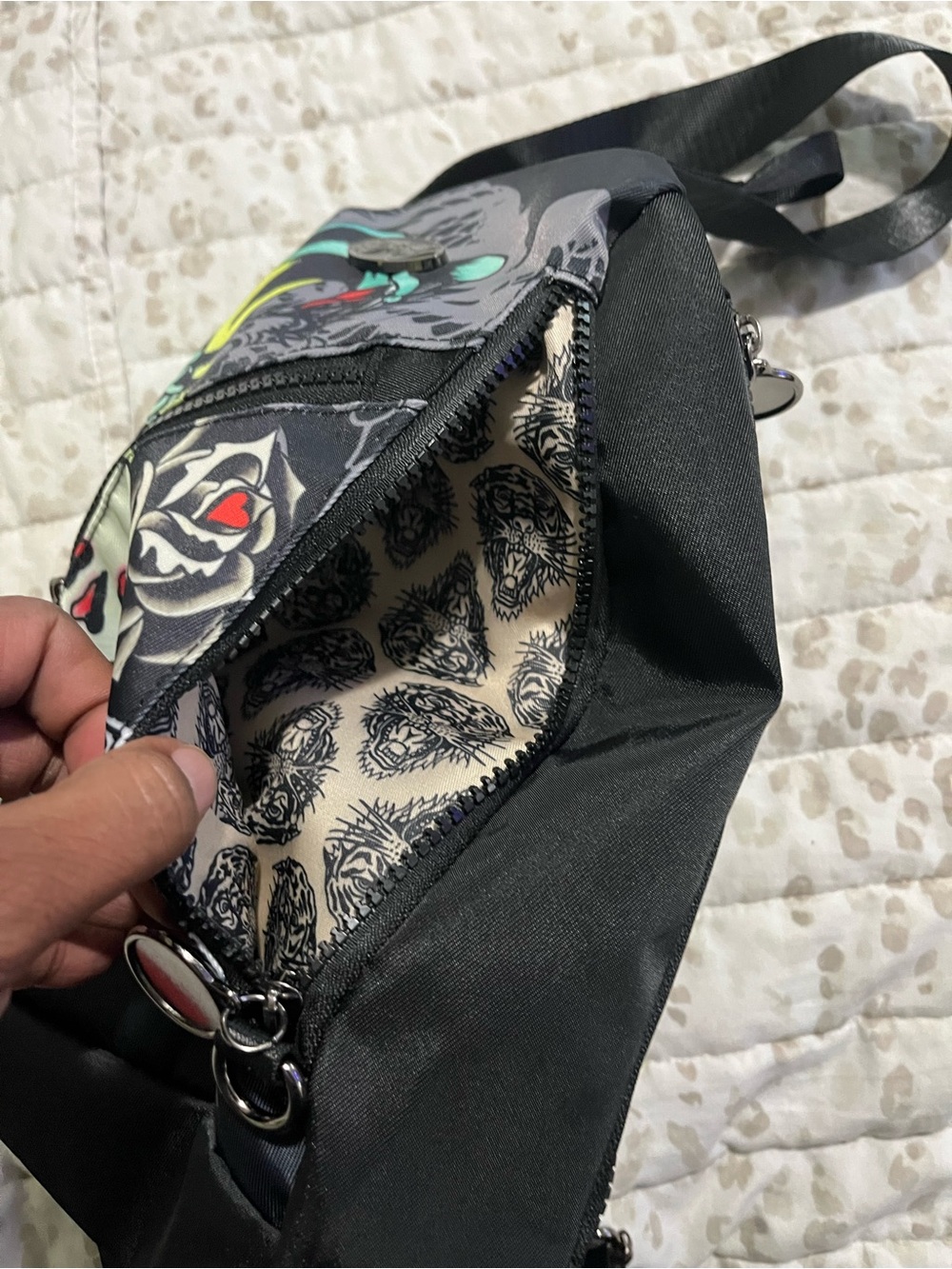 Ed Hardy Black Graphic Belt Bag with Multicolor Skull Art